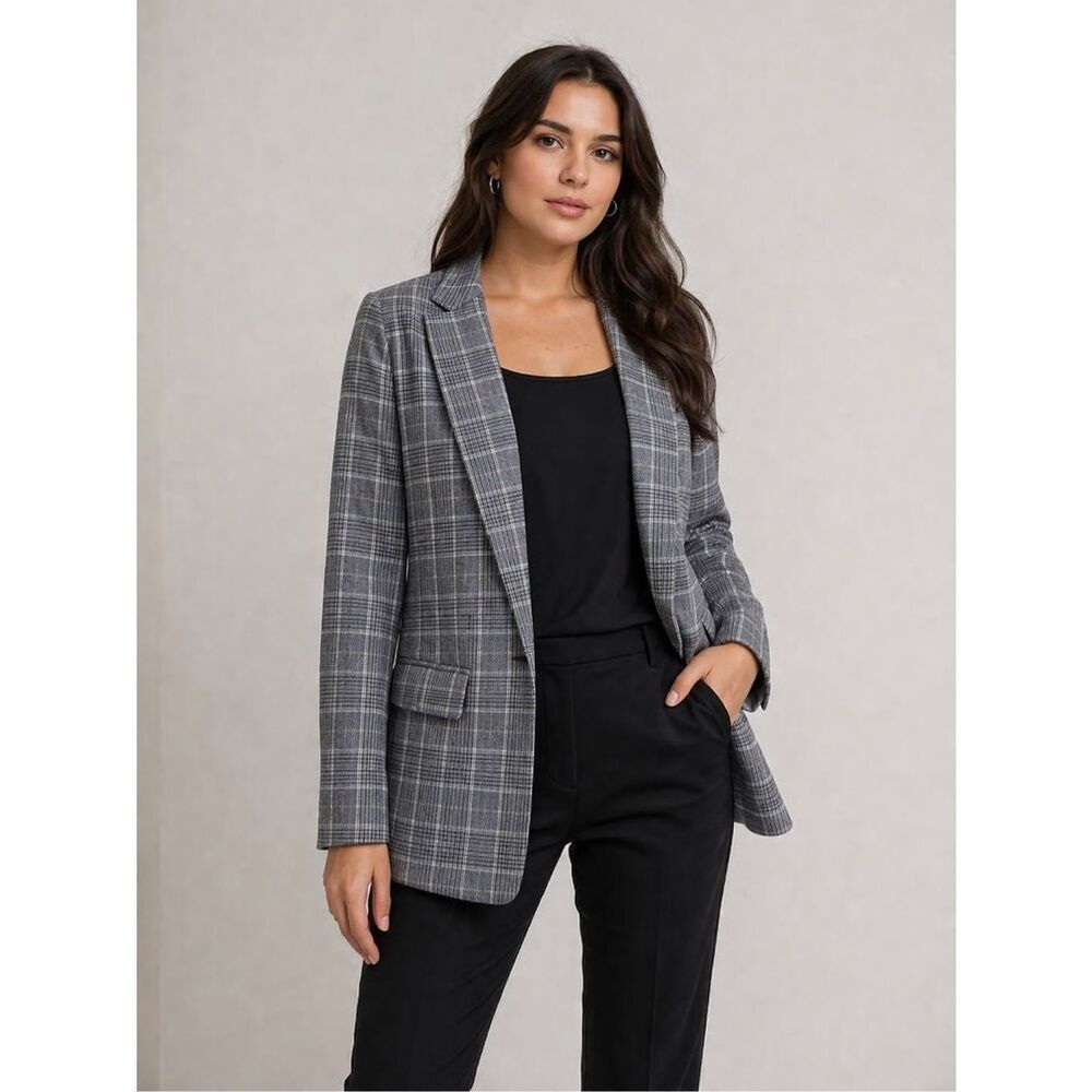 H&M Gray Plaid Blazer Tailored Jacket Classic Check EUR 34 US 2